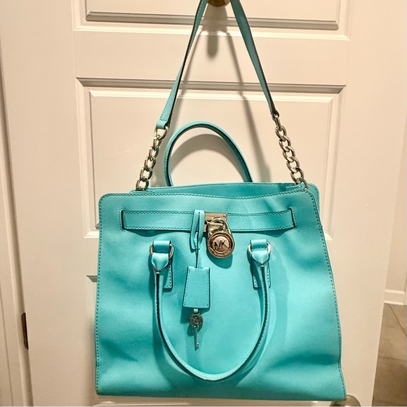 Turquoise Leather Tote Bag with Chain Straps - Picture 1 of 5